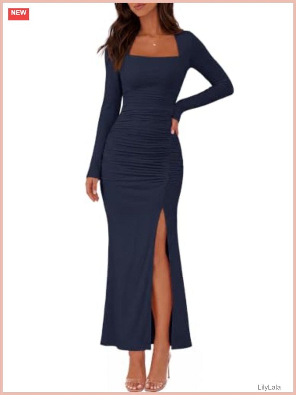 MEROKEETY Long Sleeve Square Neck Bodycon Maxi Dress Side Slit Ruched Formal